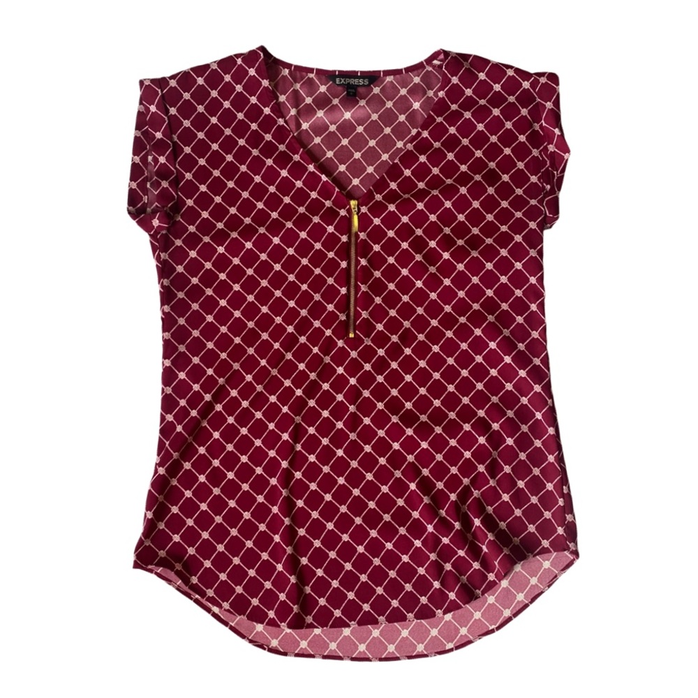 Express Silky Cranberry Rope Print Golden Zipper Blouse